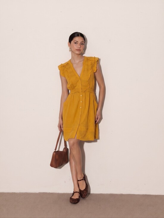 Odille Dresses & Skirts - Odille Womens Yellow Pleated Ruffle Tier Hem Summer Dress Sz 4